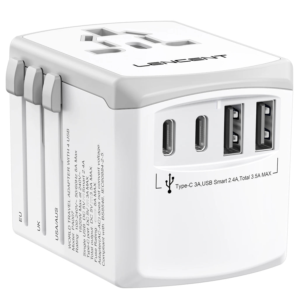 LENCENT Universal Travel  Adapter International  Plug Adaptor with 2 USB-C +2 USB-A Ports Wall Charger for EU UK USA AUS Travel