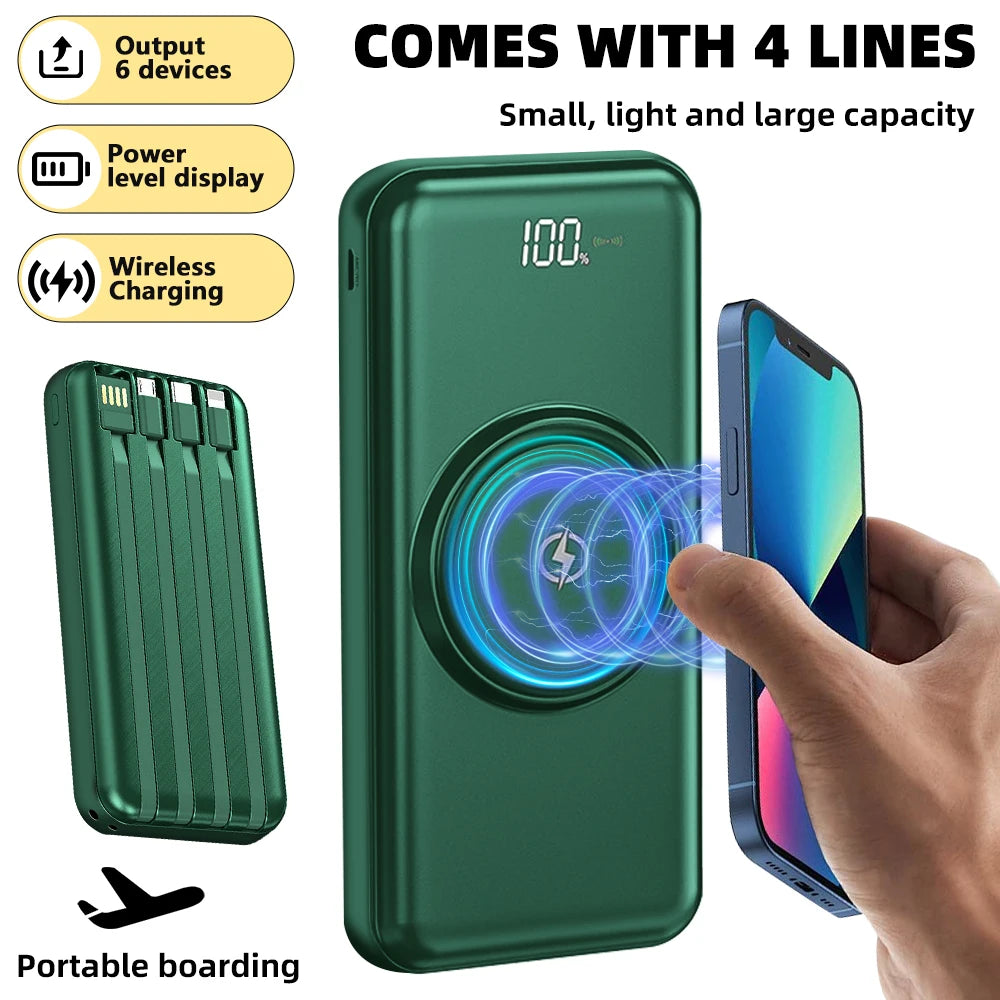 20000mAh Wireless Power Bank Fast Charging Built-in Quad Power Cable Mobile Phone Charger For Iphone 13 14 15 Xiaomi Samsung