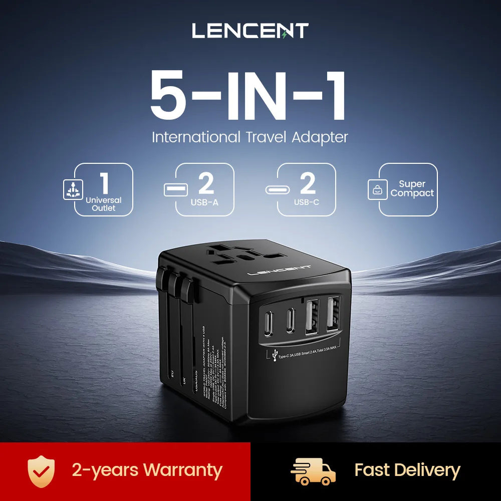 LENCENT Universal Travel  Adapter International  Plug Adaptor with 2 USB-C +2 USB-A Ports Wall Charger for EU UK USA AUS Travel